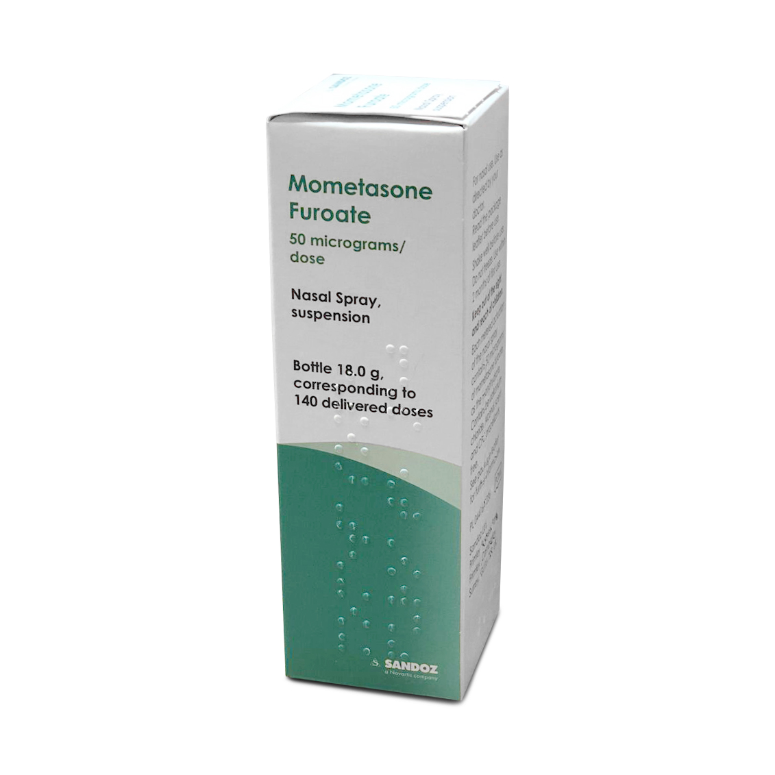 Mometasone Nasal Spray, manufactured by Sandoz Pharma (green box)